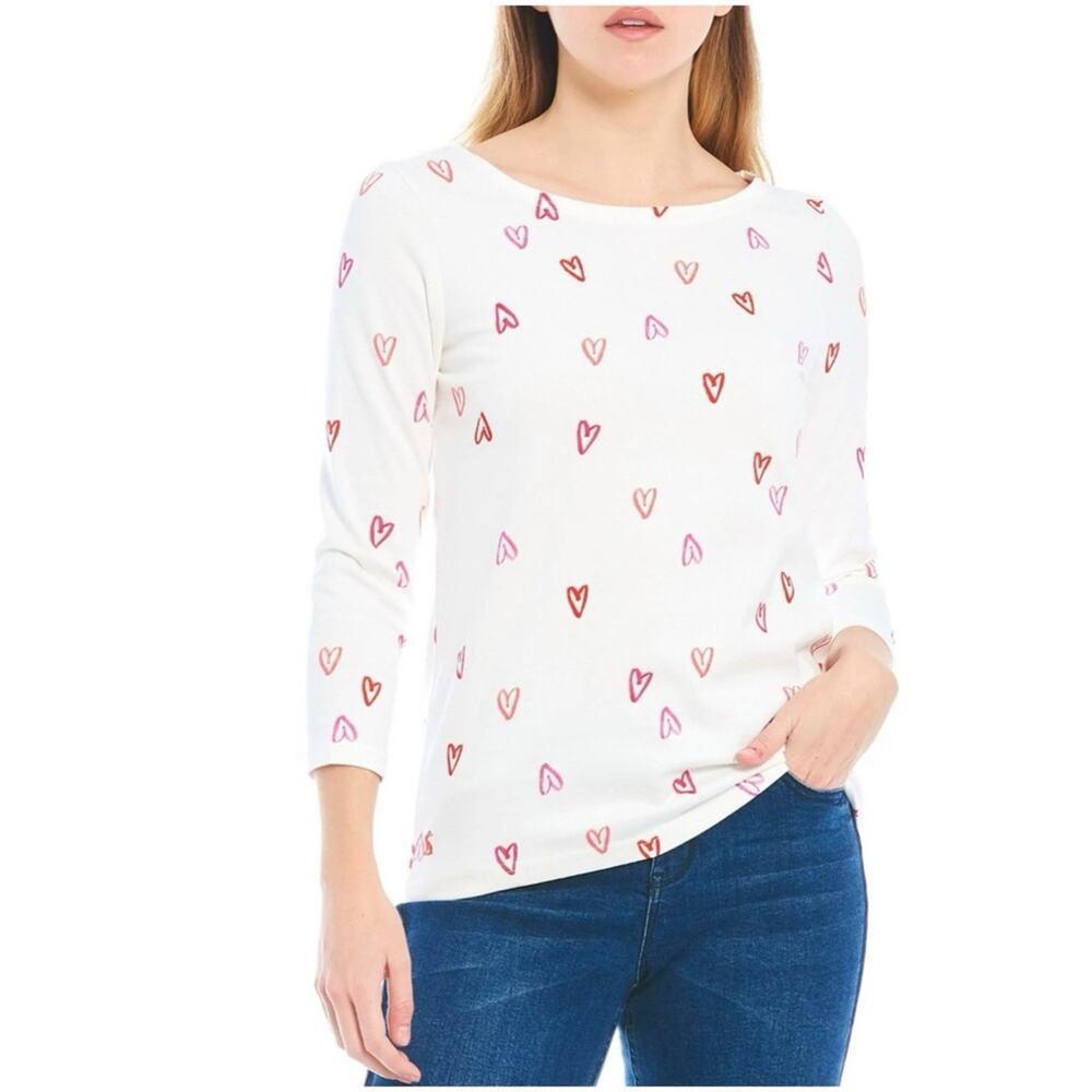 Joules Women’s 6 NWT White Heart Print Top Cotton Harbour Quarter Sleeve